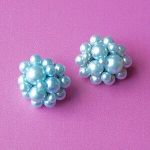 Mid-Century Baby Blue Faux Pearl Cluster Earrings — Made in Japan, 1950s